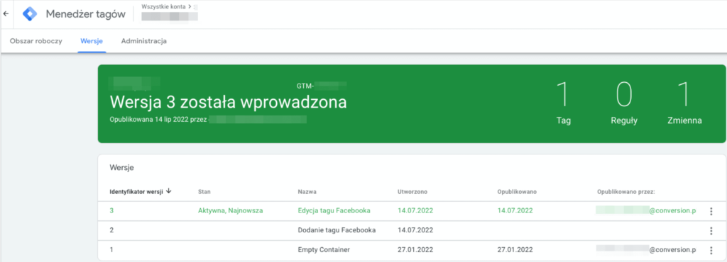 Zarządzanie wersjami kontenera w GTM