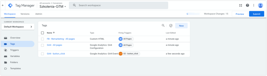 Widok kontenera w Google Tag Manager