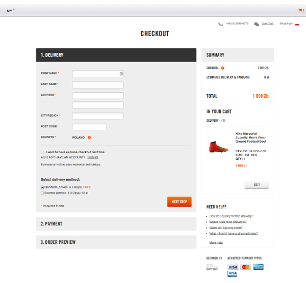 Nike one page checkout